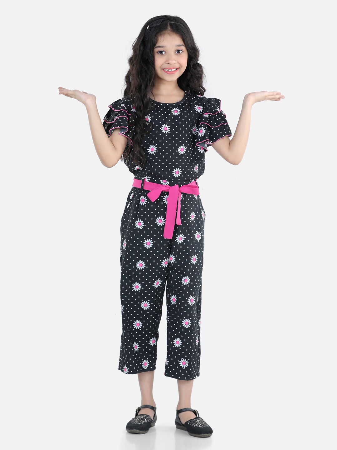 

Cutiekins Girls Black & White Printed Capri Jumpsuit with Ruffles