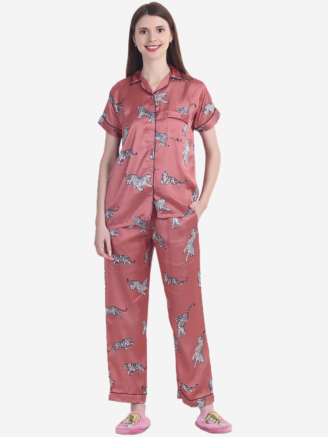 

House of JAMMIES Women Copper-Toned & White Printed Satin Night suit