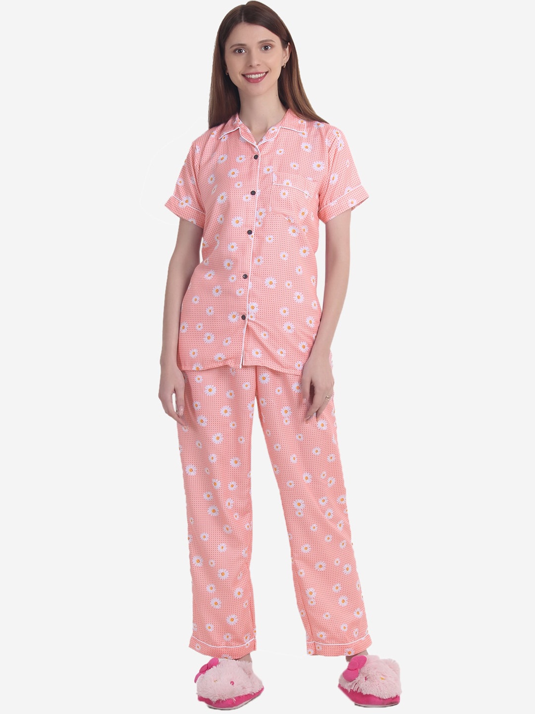 

HOUSE OF JAMMIES Women Peach-Coloured Floral Printed Night Suit