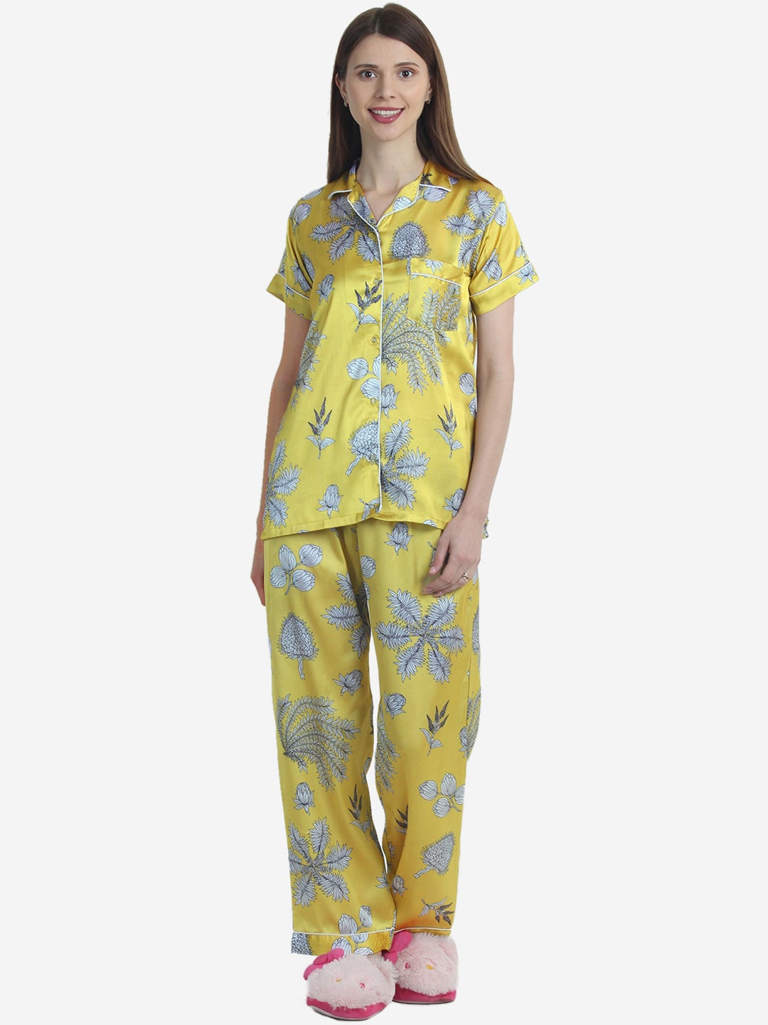 

House of JAMMIES Women Yellow & Blue Printed Satin Night suit