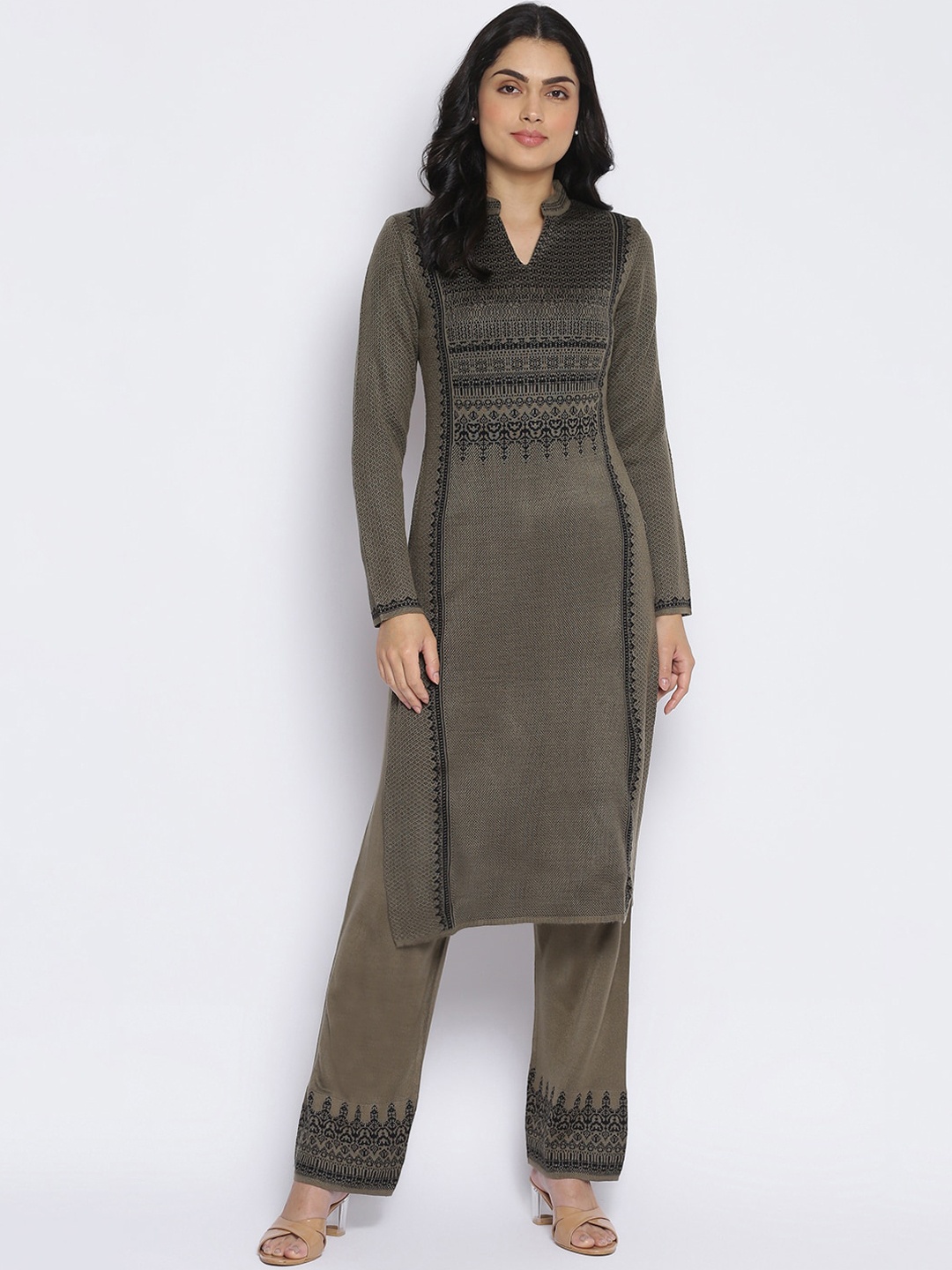 

MIKHAD Women Olive Green Ethnic Motifs Jacquard Kurta For Winter