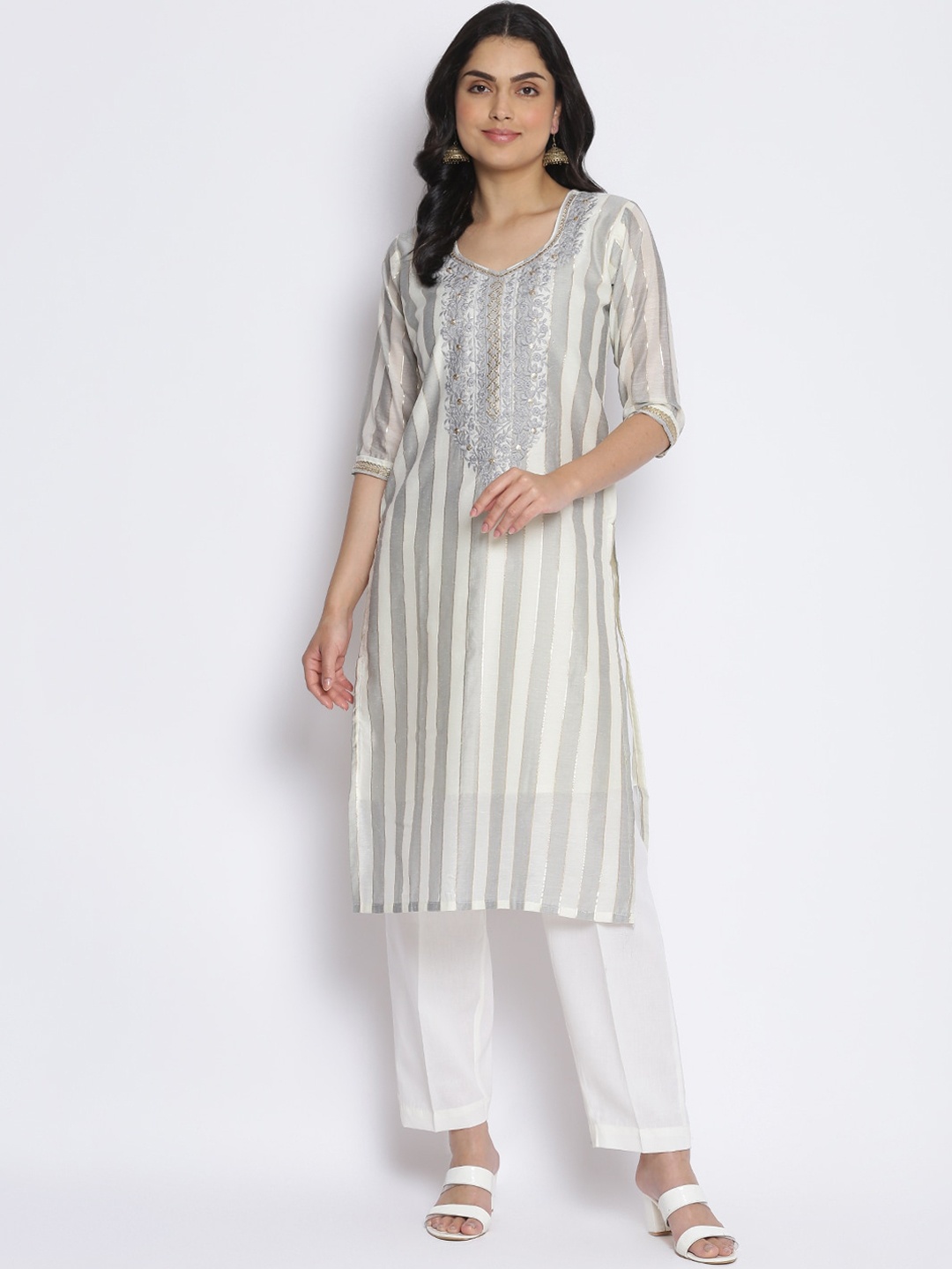 

MIKHAD Women Grey Striped Thread Work Kurta