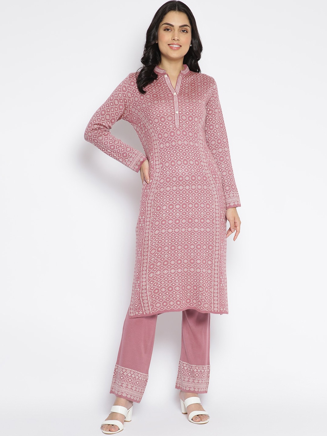 

MIKHAD Women Pink & Off White Ethnic Motifs Jacquard Kurta