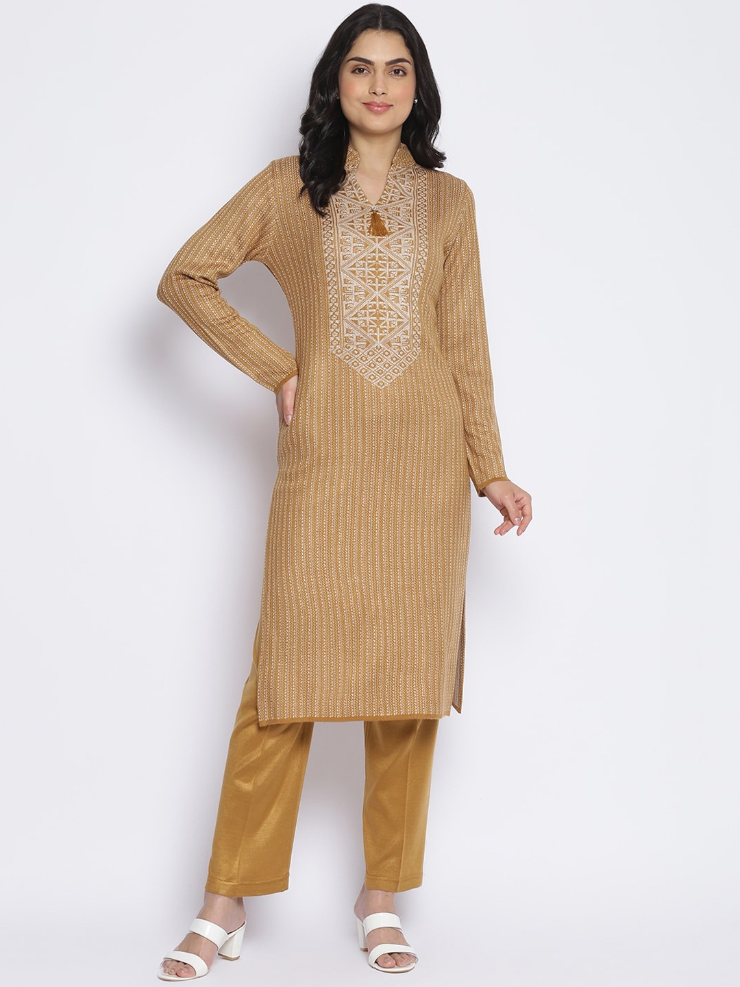 

MIKHAD Women Mustard Yellow & Cream-Coloured Printed Jacquard Kurta