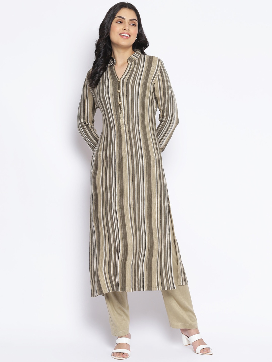 

MIKHAD Women Beige Striped Jacquard Kurta