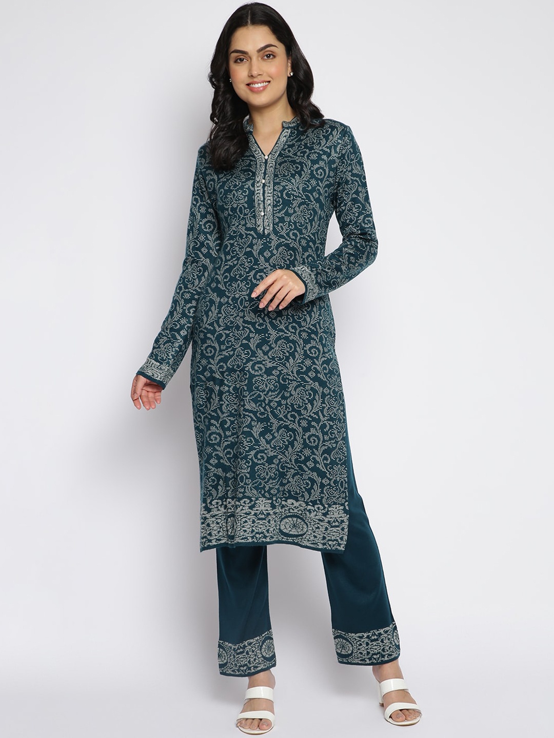 

MIKHAD Women Teal Woven Design Jacquard Acrylic Kurta