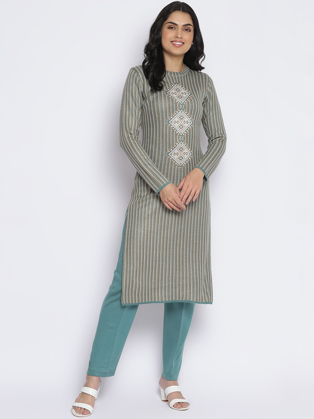 

MIKHAD Women Green & Brown Striped Jacquard Kurta