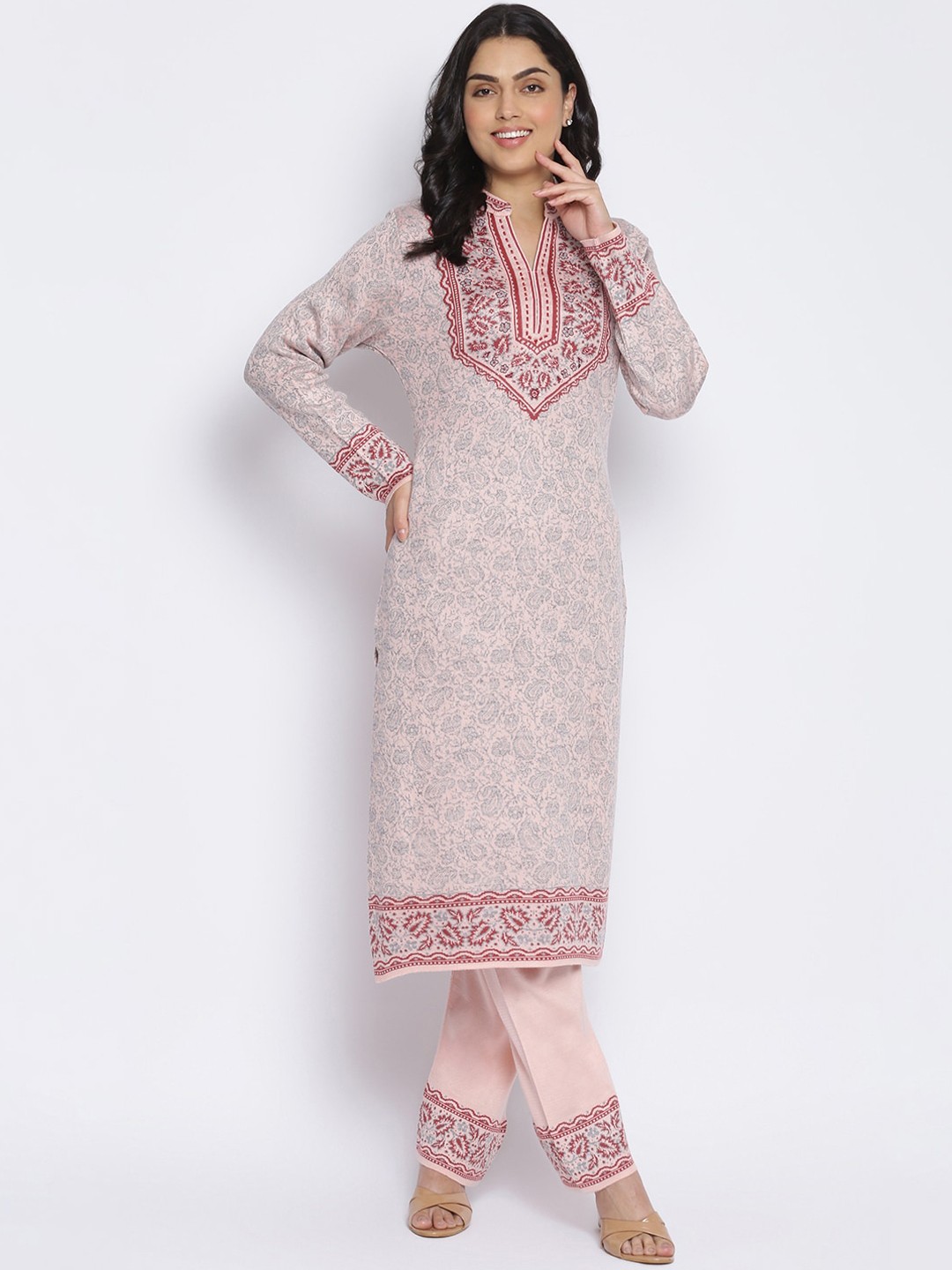 

MIKHAD Women Pink & Grey Ethnic Motifs Embroidered Thread Work Jacquard Kurta