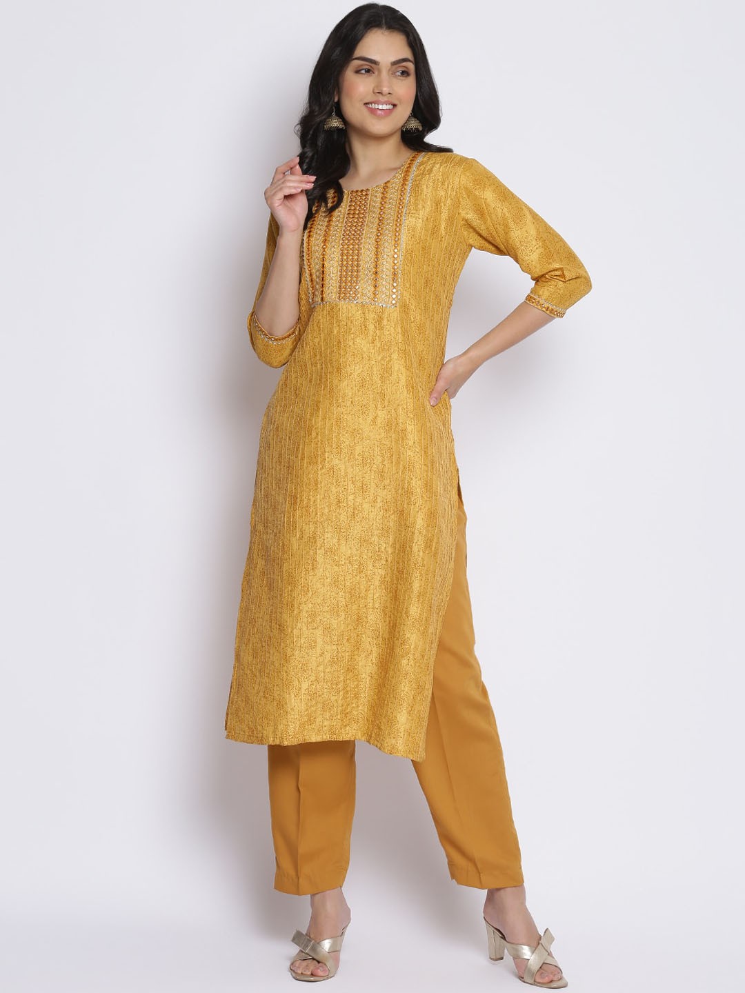 

MIKHAD Women Mustard Yellow Ethnic Motifs Printed Thread Work Kurta