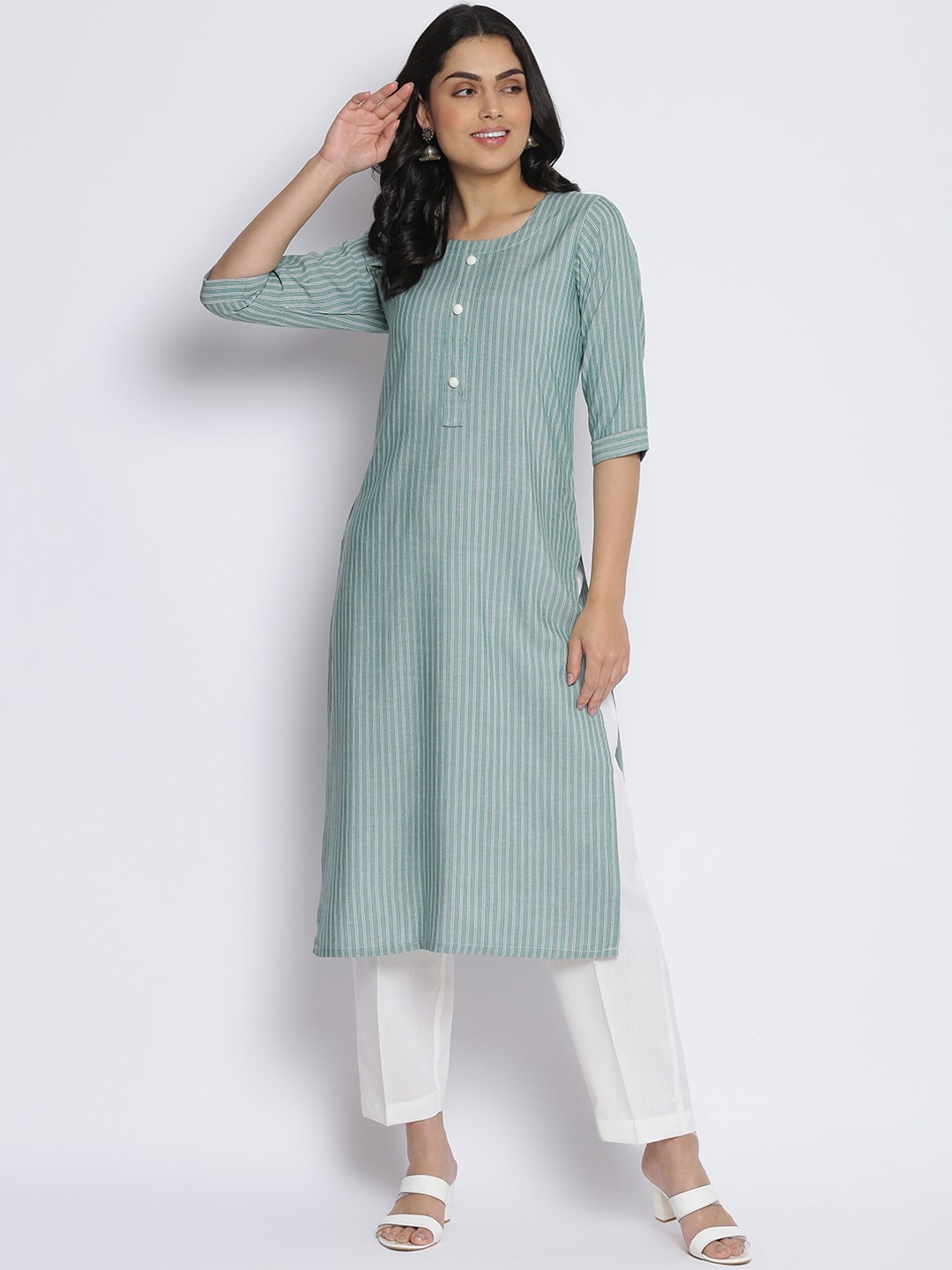 

MIKHAD Women Teal Striped Pastels Kurta