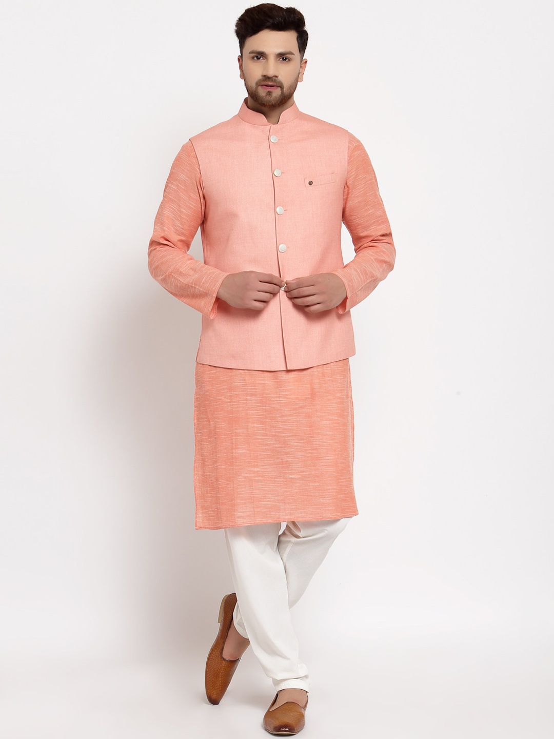 

MOHANLAL SONS Men Peach-Coloured Pure Cotton Kurta with Pyjamas & Nehru Jacket