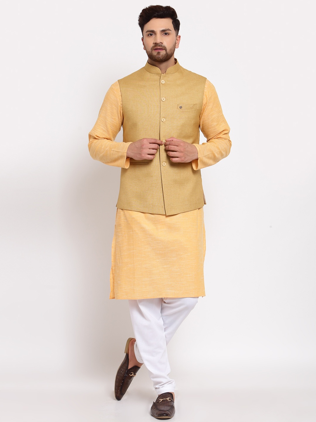 

MOHANLAL SONS Men Mustard Pure Cotton Kurta with Churidar & Nehru Jacket