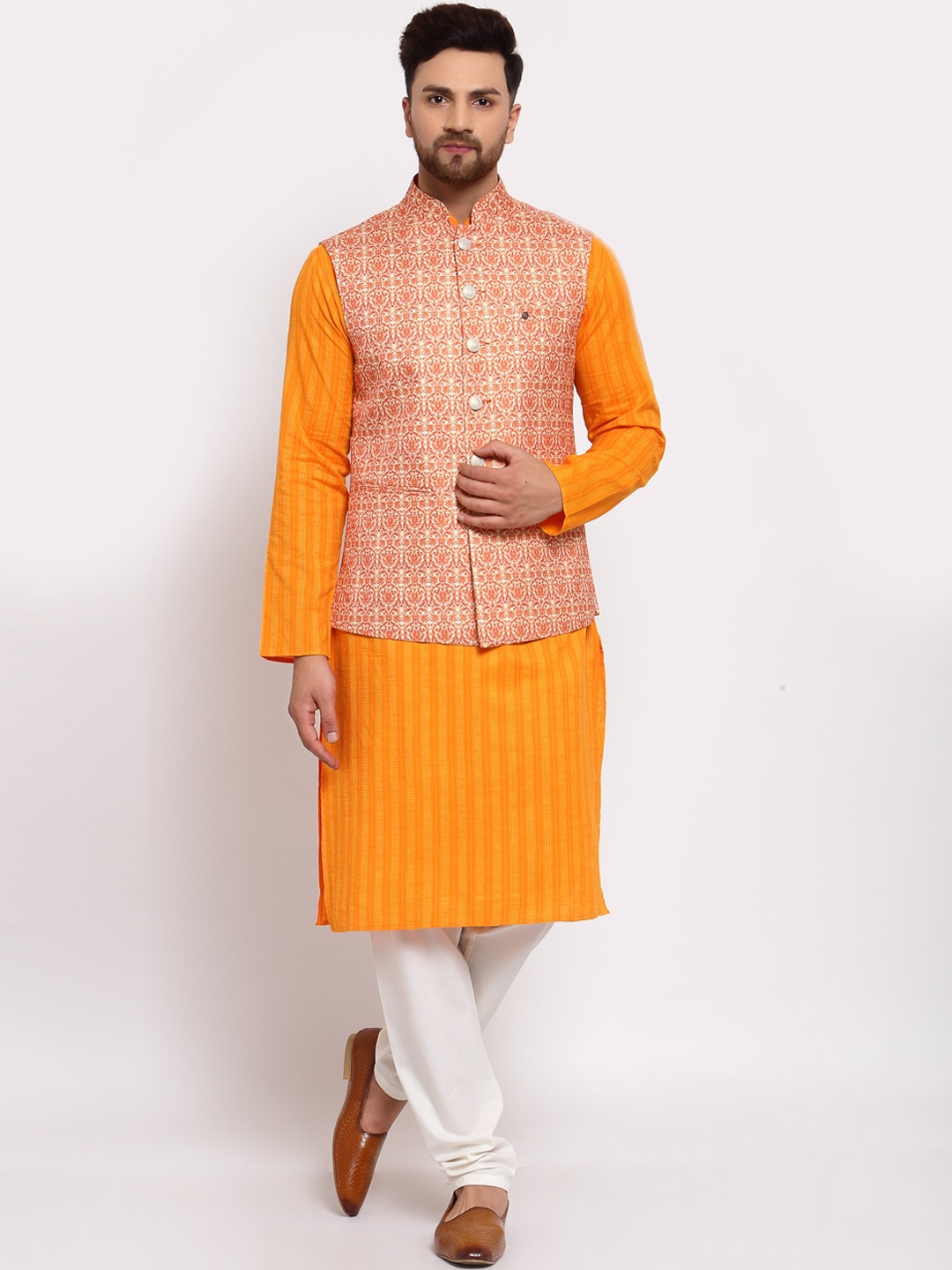 

MOHANLAL SONS Men Orange & White Pure Cotton Kurta With Pyjamas & Nehru Jacket