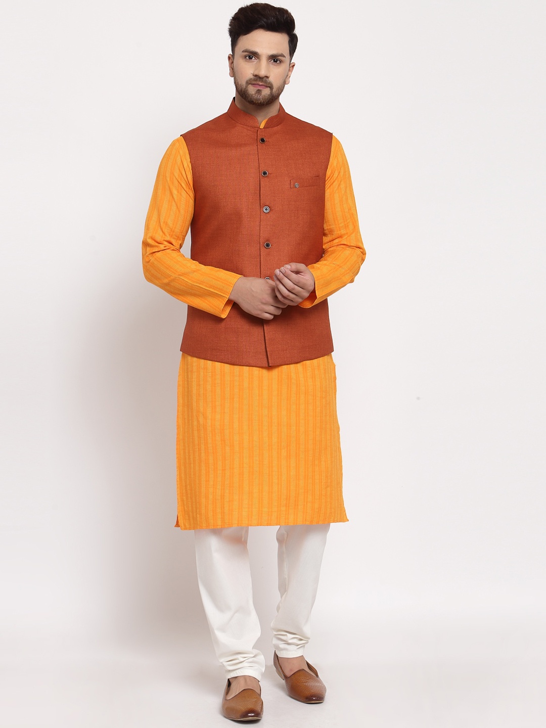 

MOHANLAL SONS Men Orange Striped Pure Cotton Kurta with Pyjamas & Nehru Jacket