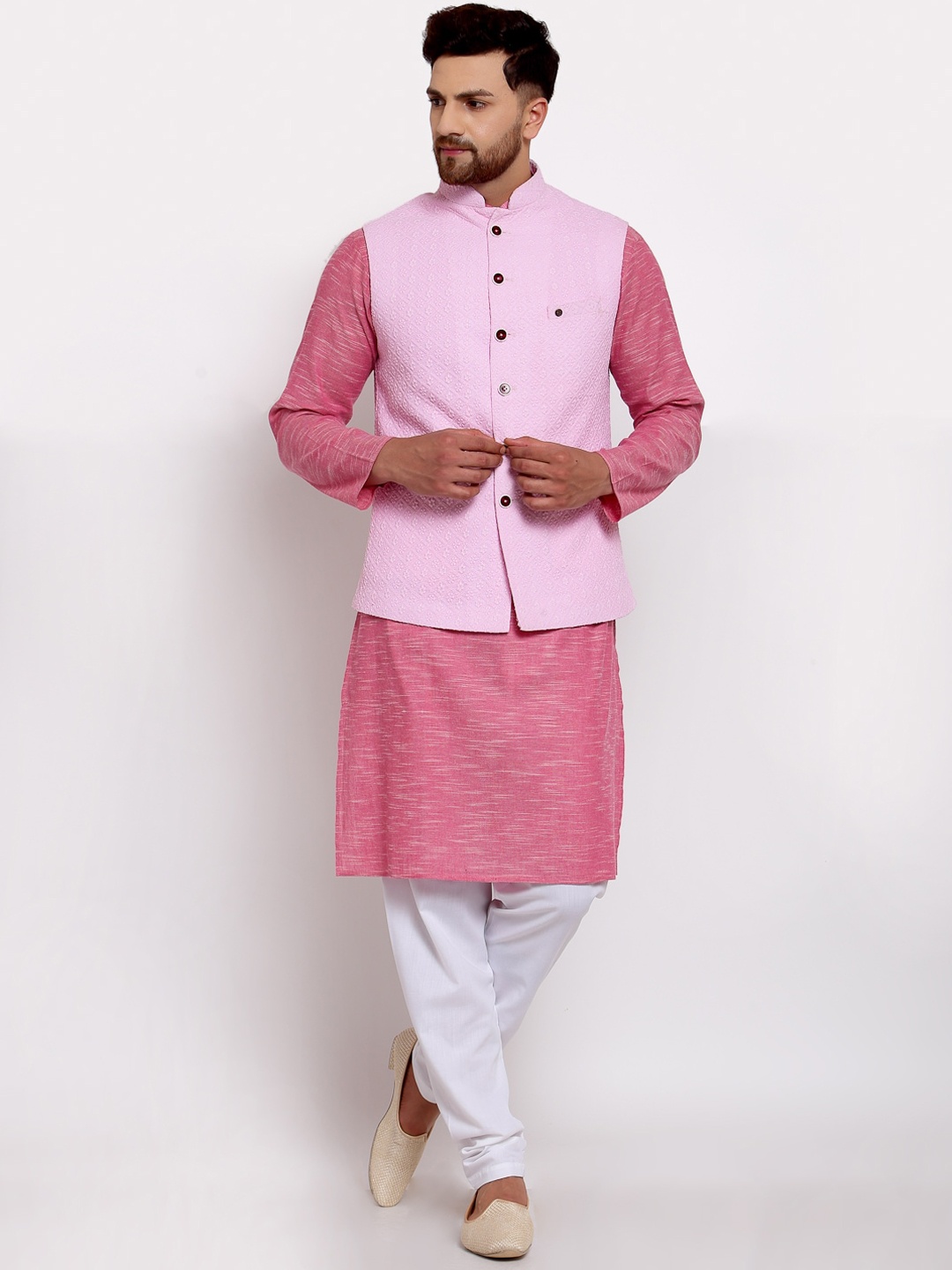 

MOHANLAL SONS Men Pink Pure Cotton Kurta with Churidar & Nehru Jacket