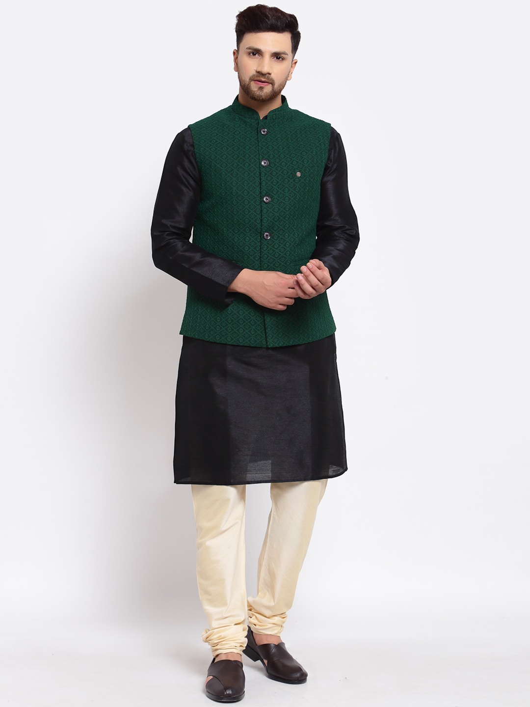 

MOHANLAL SONS Men Black Dupion Silk Kurta & Churidar With Nehru Jacket