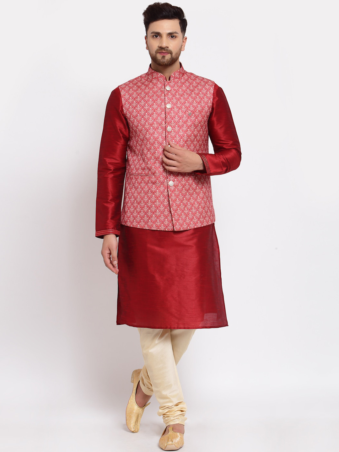 

MOHANLAL SONS Men Maroon & Cream Coloured Dupion Silk Kurta with Churidar & Nehru Jacket
