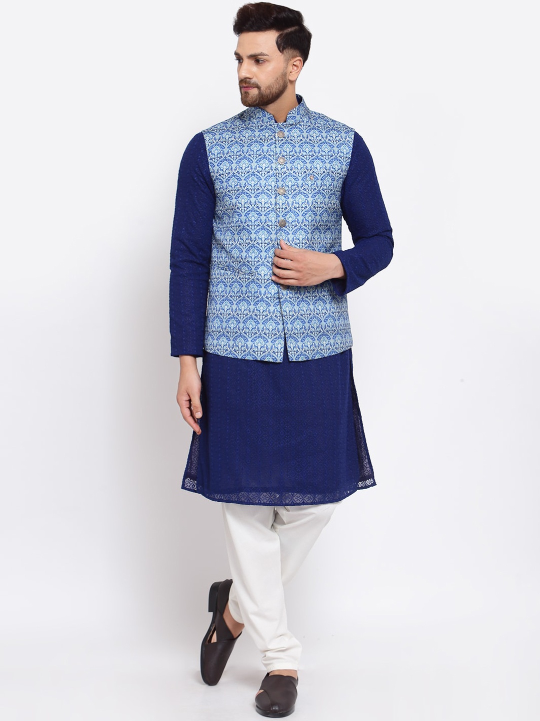 

MOHANLAL SONS Men Navy Blue Embroidered Chikankari Kurta with Churidar & Nehru Jacket