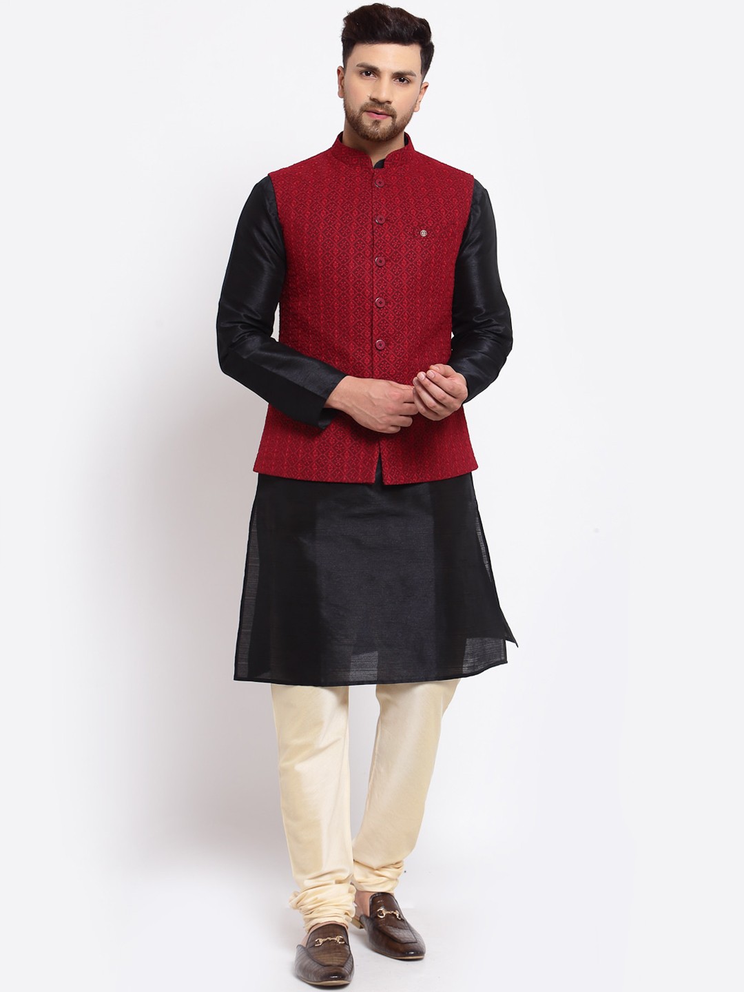 

MOHANLAL SONS Men Black Dupion Silk Kurta with Churidar & Nehru Jacket