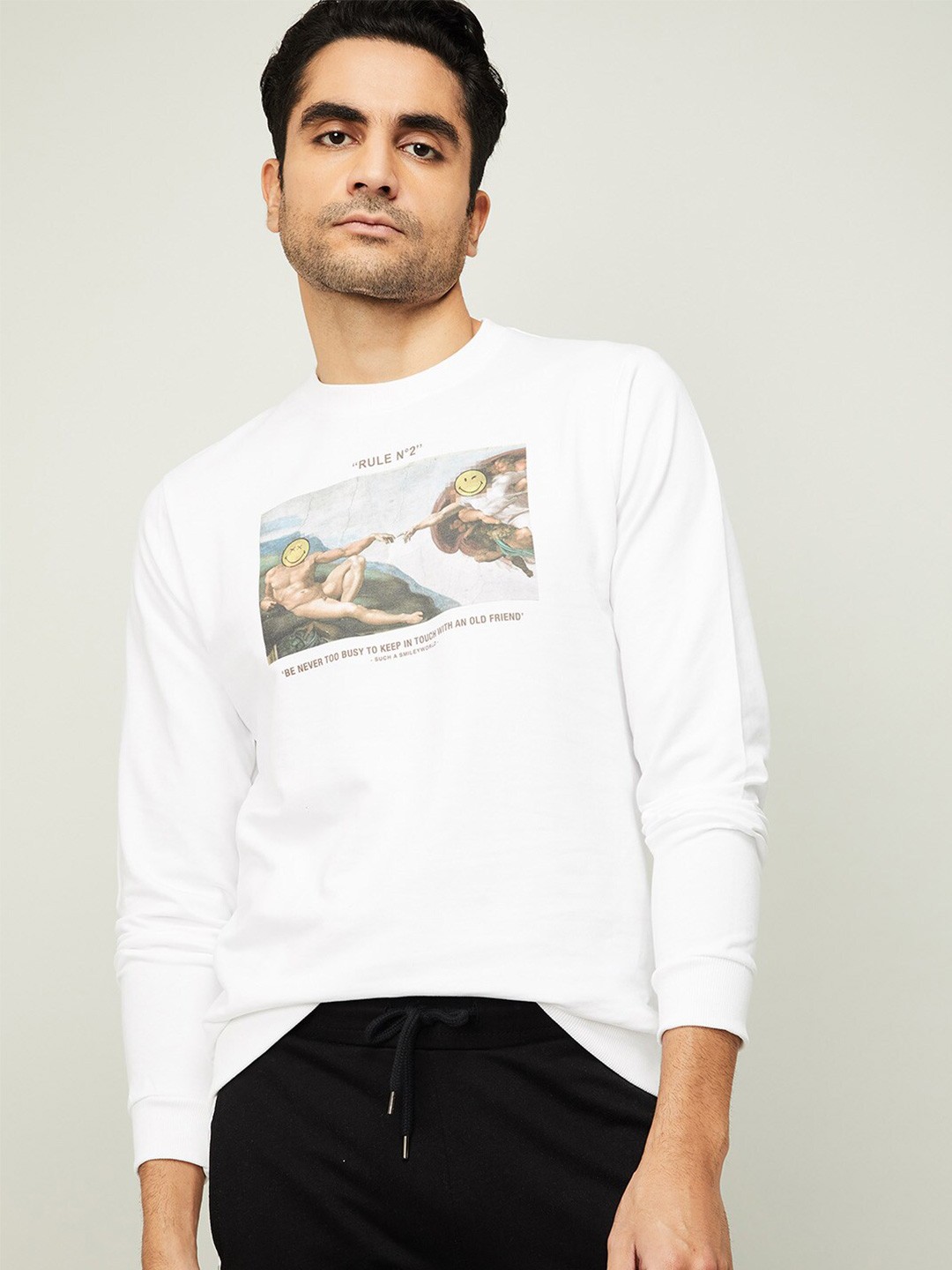 

SmileyWorld Men White & Green Printed Cotton Sweatshirt