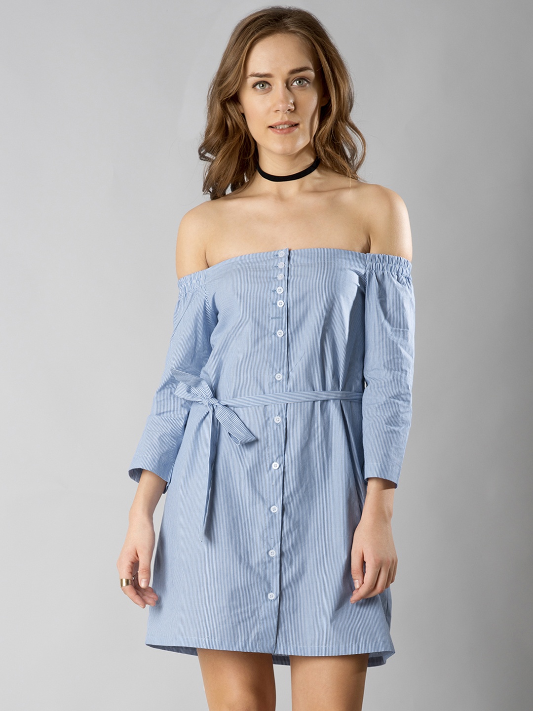 

FabAlley Women Blue Striped Shirt Dress