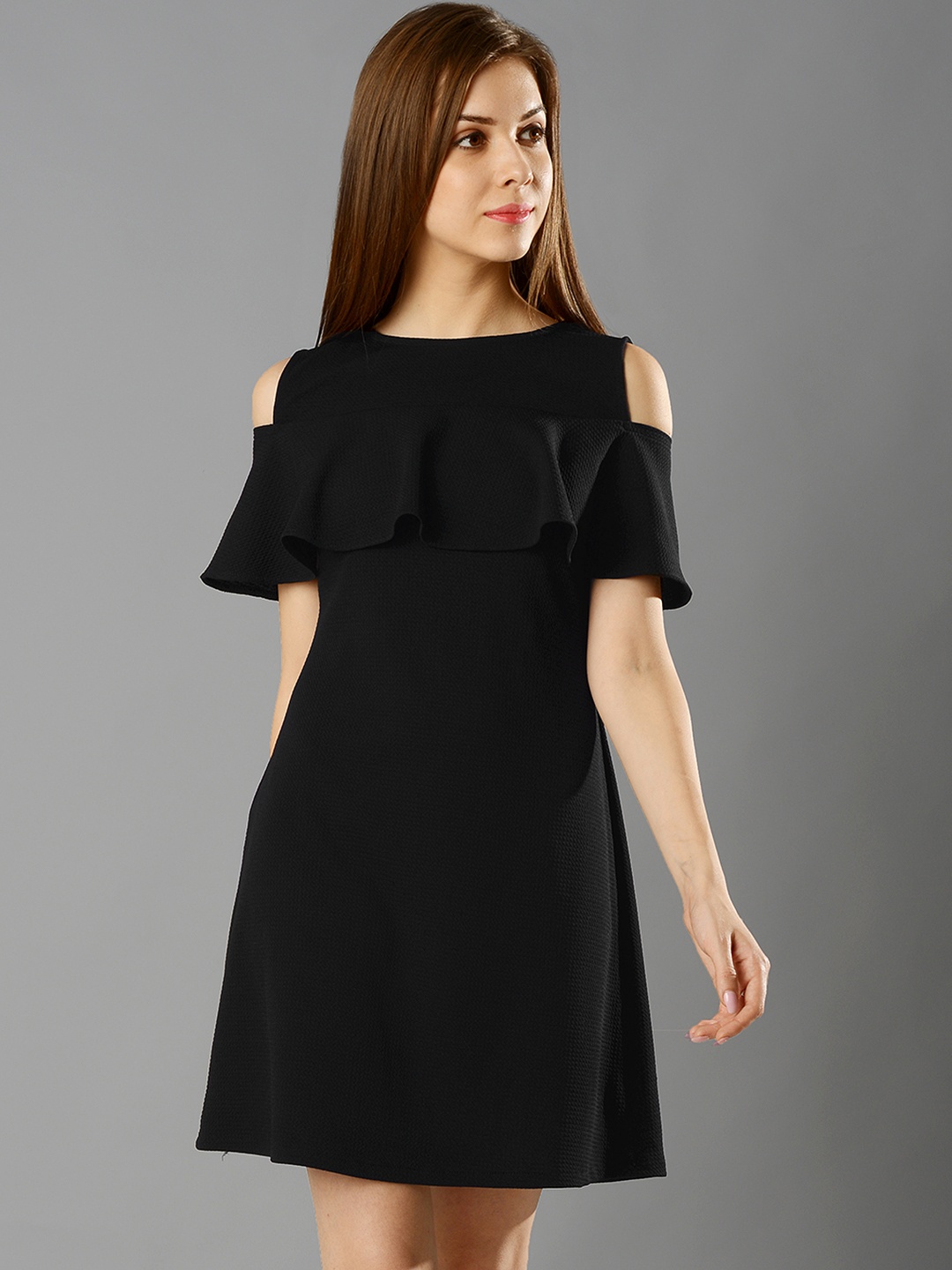 

FabAlley Women Black Cold Shoulder Solid A-Line Dress
