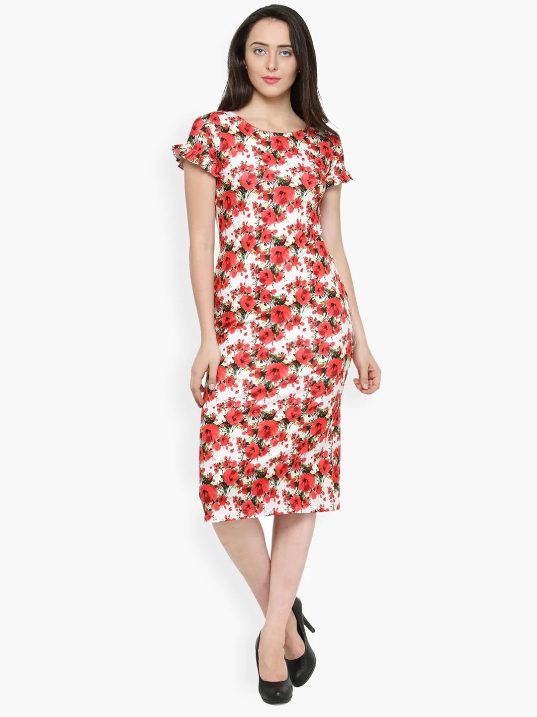 

Magnetic Designs White & Red Floral Sheath Midi Dress