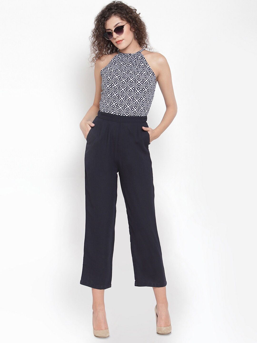 

Magnetic Designs Blue & White Halter Neck Printed Basic Jumpsuit
