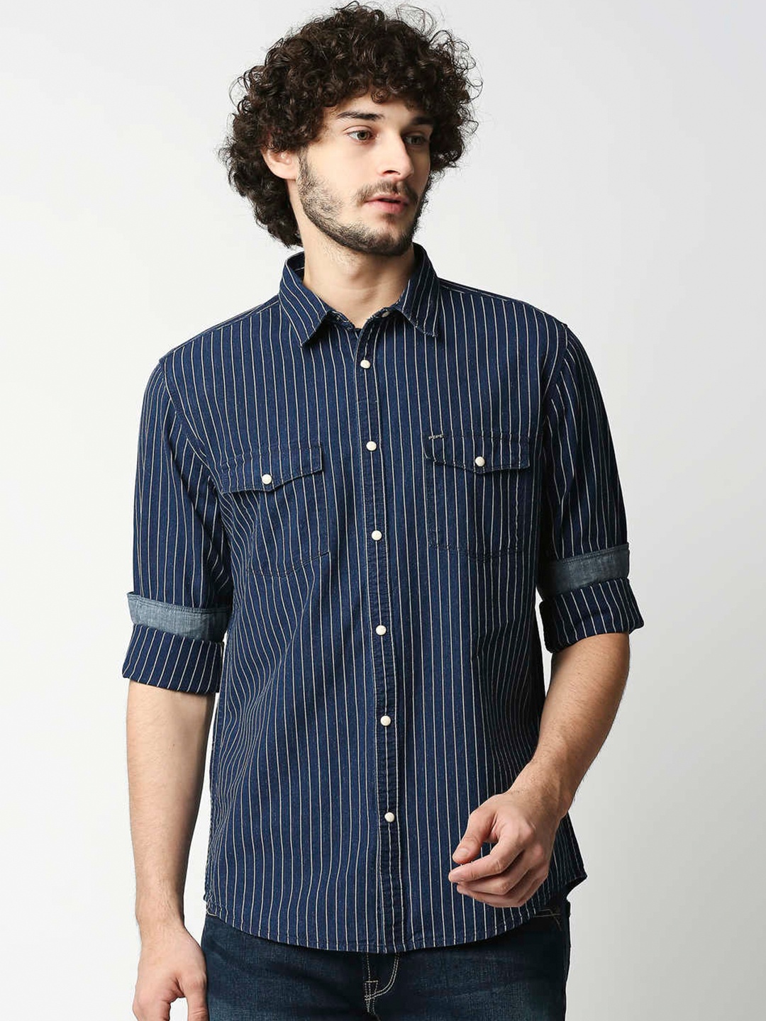 

Pepe Jeans Men Blue Standard Striped Casual Shirt, Navy blue