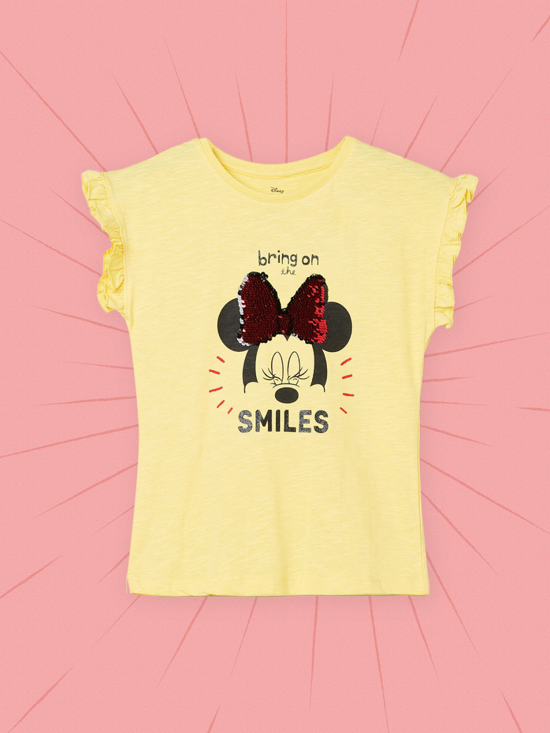 

max Girls Pink & Black Minnie Mouse Print Pure Cotton Top