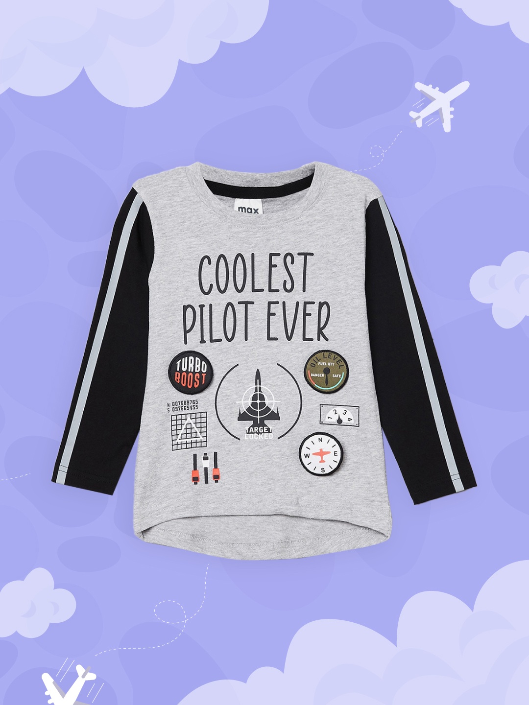 

max Boys Grey & Black Typography Printed Applique T-shirt