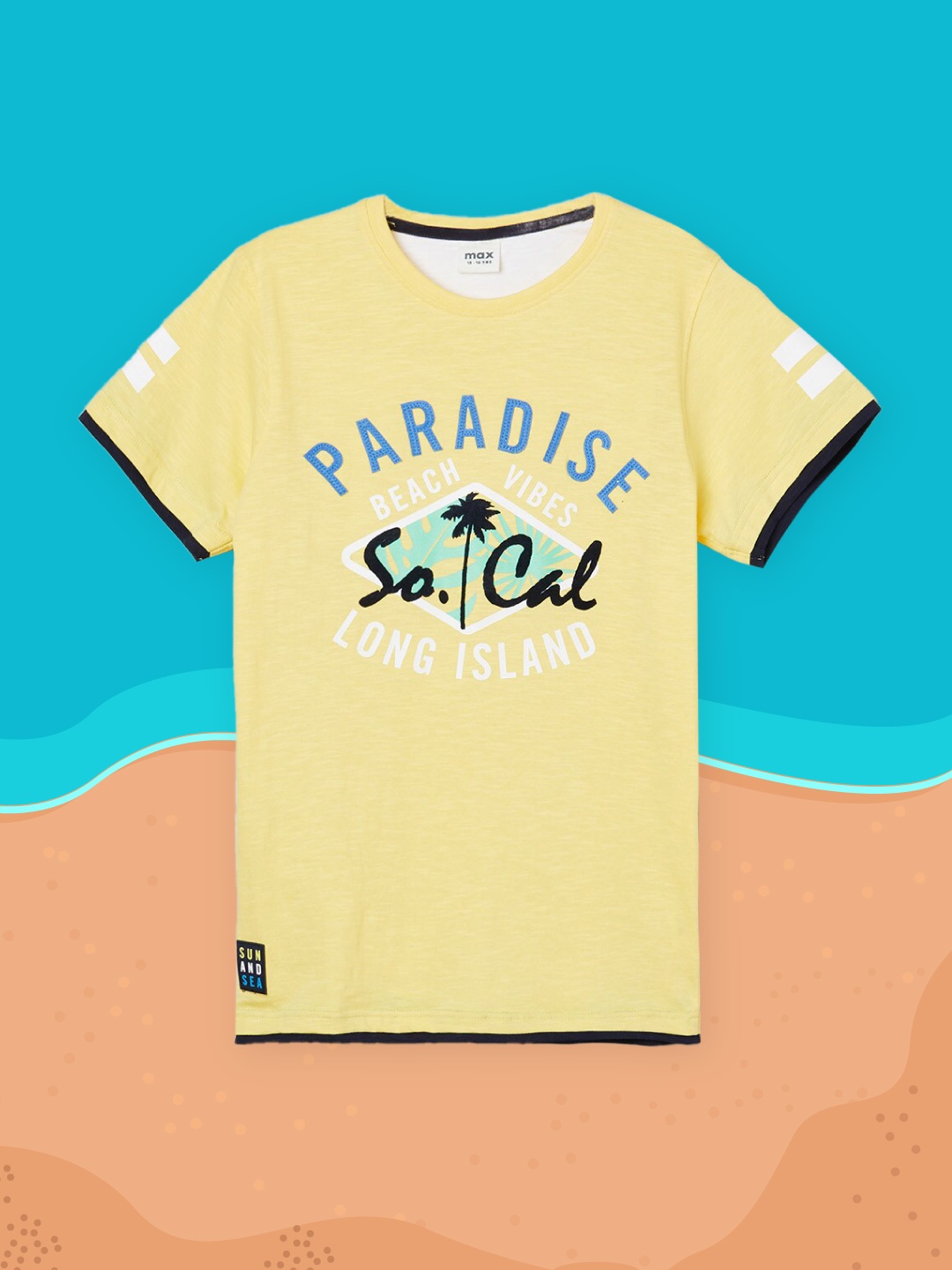 

max Boys Yellow & Blue Typography Printed Tropical Applique Pure Cotton T-shirt