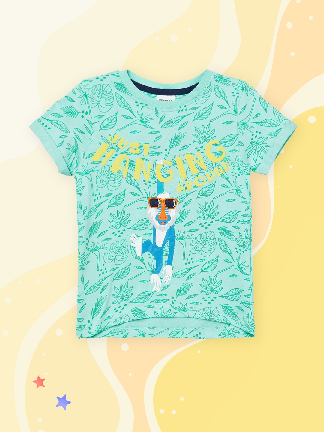 

max Boys Green & Yellow Printed Tropical Pure Cotton T-shirt