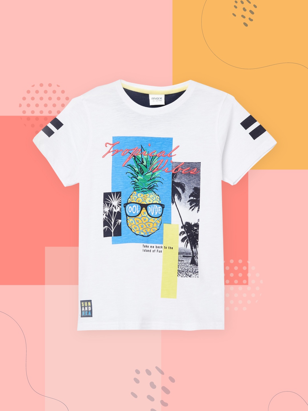 

max Boys White & Blue Printed Tropical Pure Cotton T-shirt