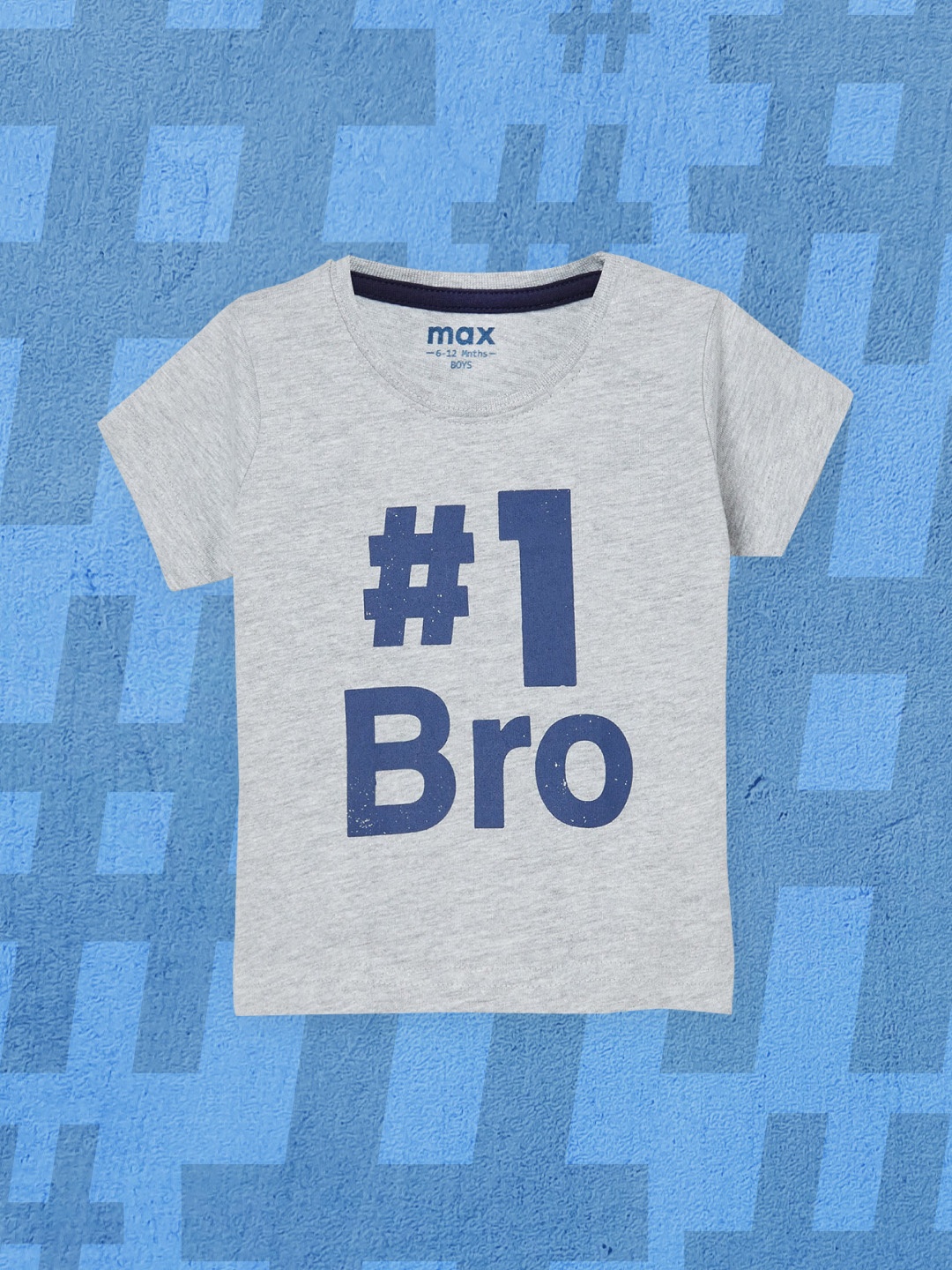 

max Boys Grey Melange & Blue Typography Printed Cotton T-shirt