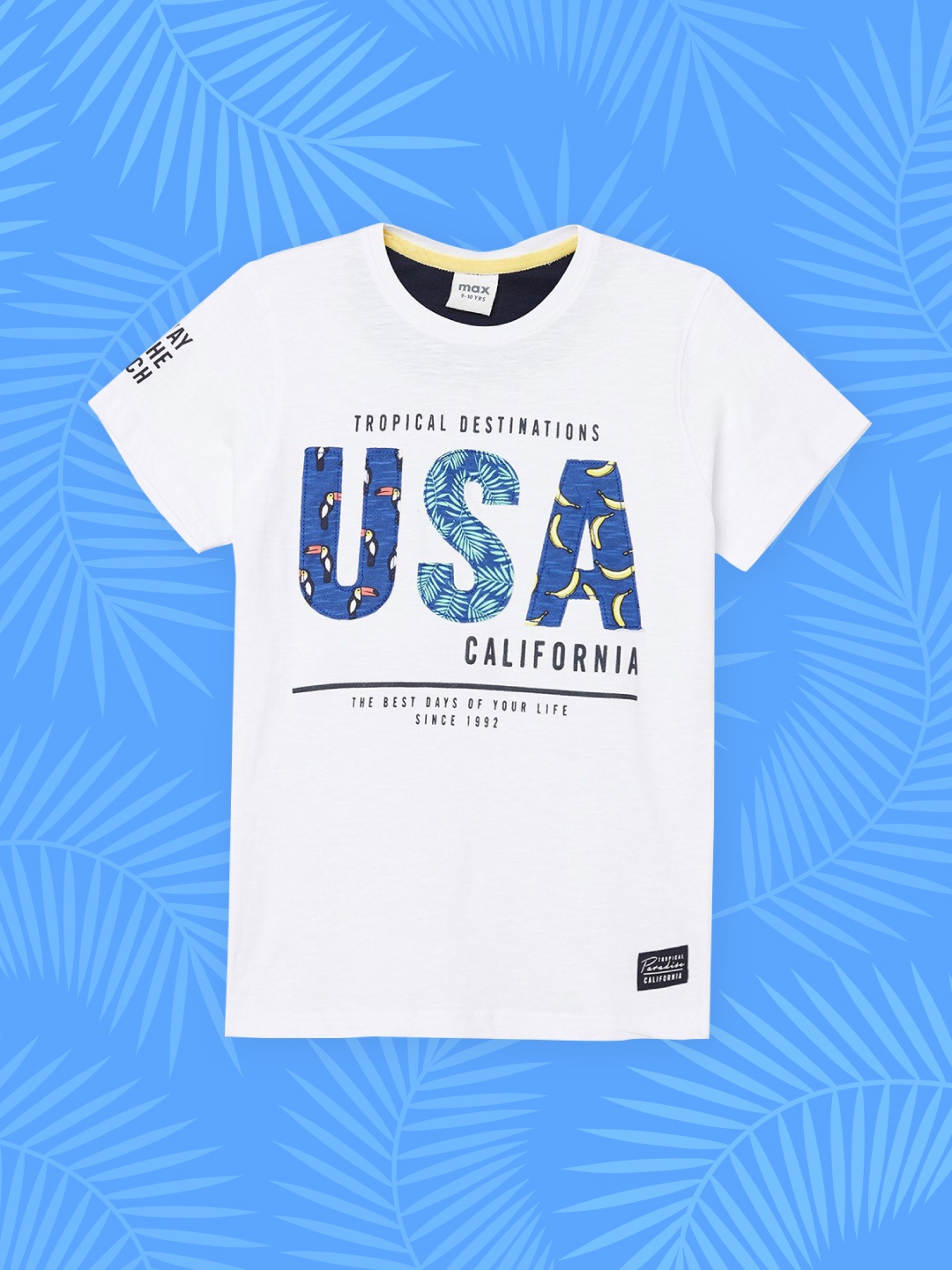 

max Boys White & Blue Printed Applique Pure Cotton T-shirt