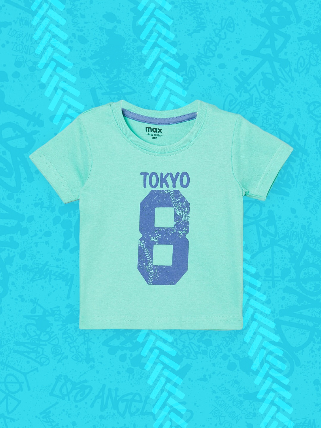 

max Boys Green & Blue Printed Cotton T-shirt