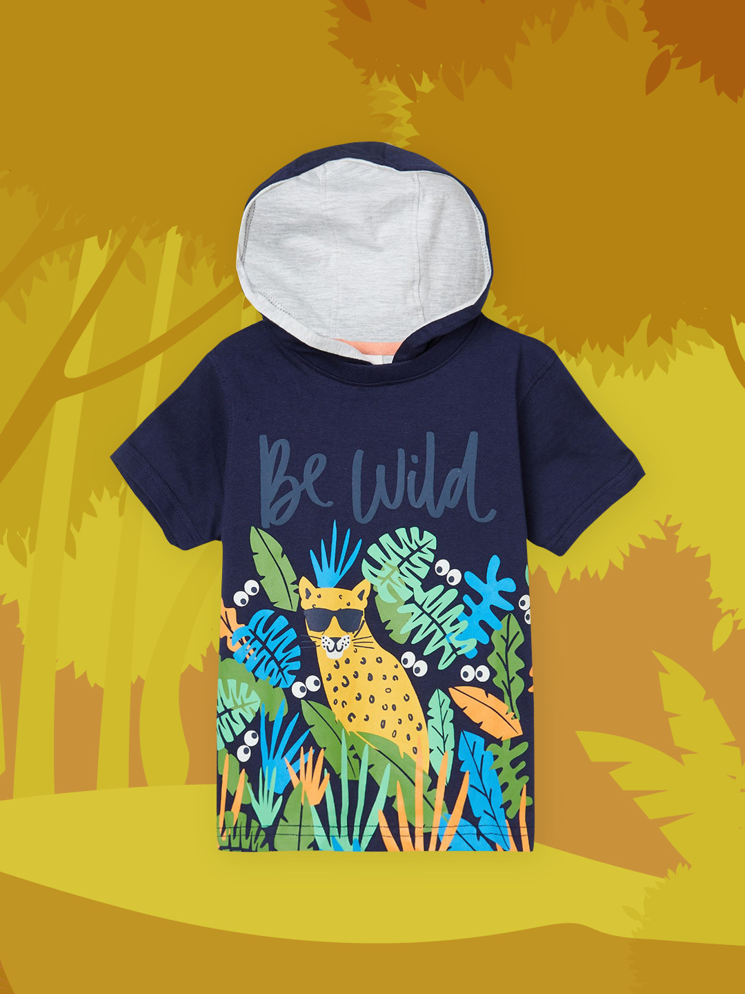 

max Boys Navy Blue Printed Hooded T-shirt