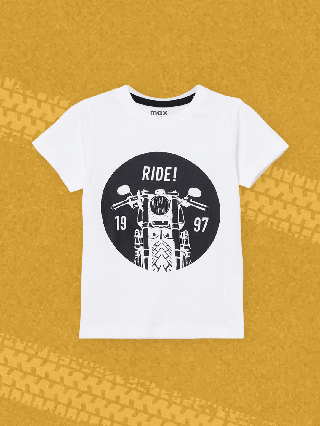 

max Boys White & Black Biker Printed Pure Cotton T-shirt