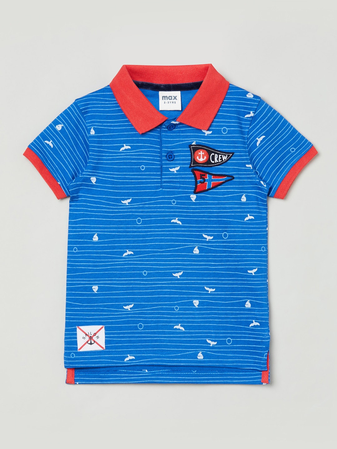 

max Boys Blue & White Printed Polo Collar Applique Pure Cotton T-shirt