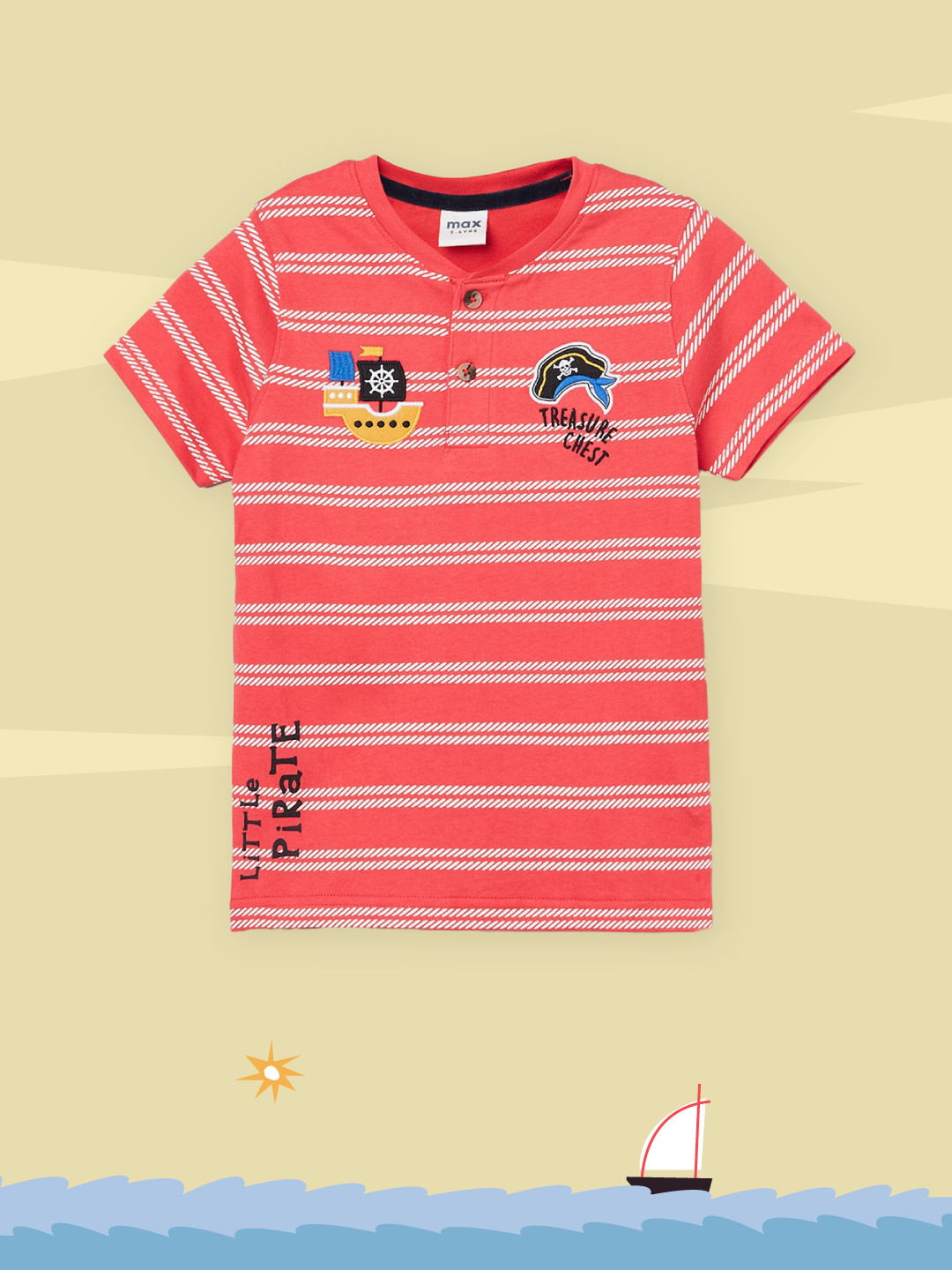 

max Boys Red Striped Henley Neck T-shirt