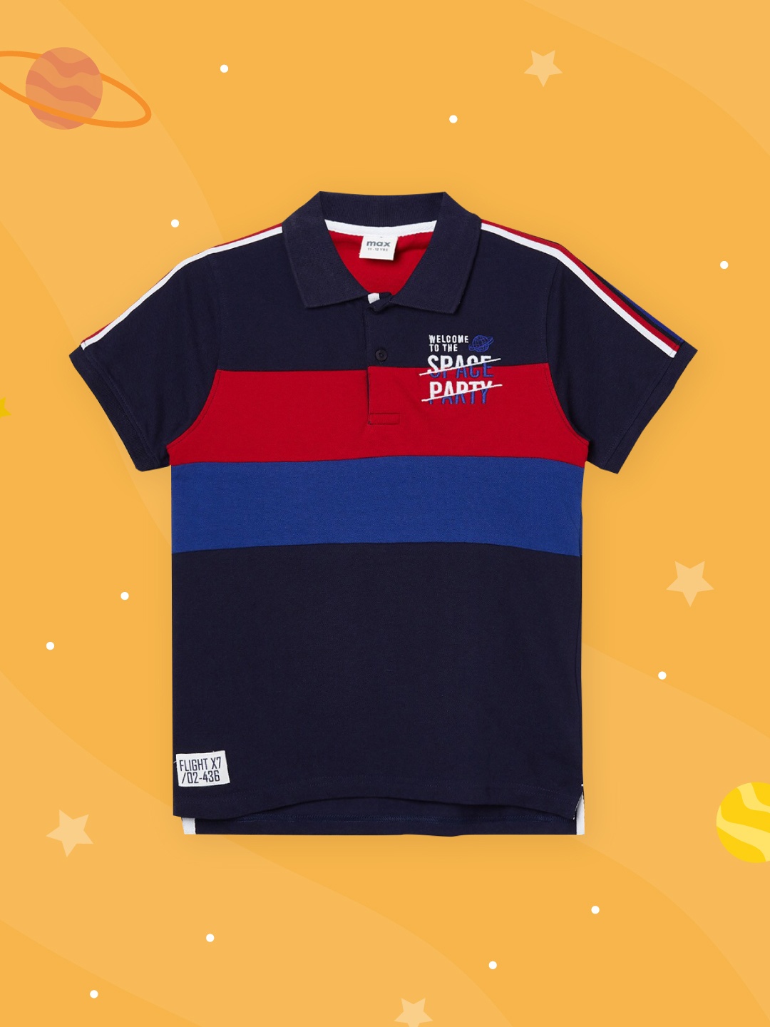 

max Boys Navy Blue & Red Colourblocked Polo Collar Pure Cotton T-shirt