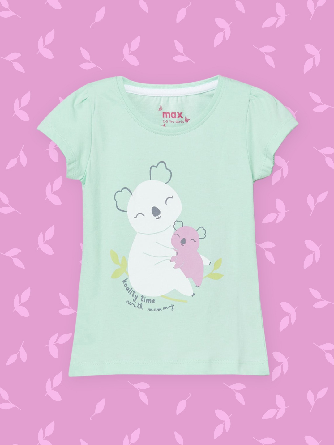 

max Girls Green & White Printed Puff Sleeves Pure Cotton T-shirt