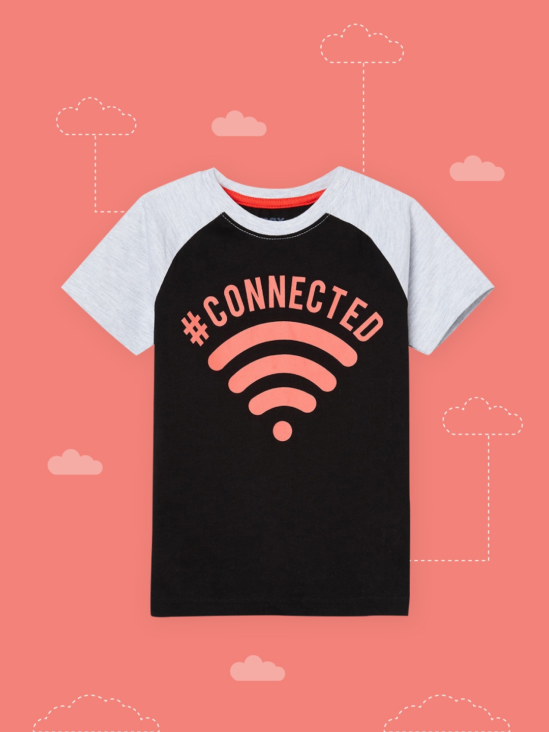 

max Boys Black & Peach-Coloured Printed Pure Cotton T-shirt