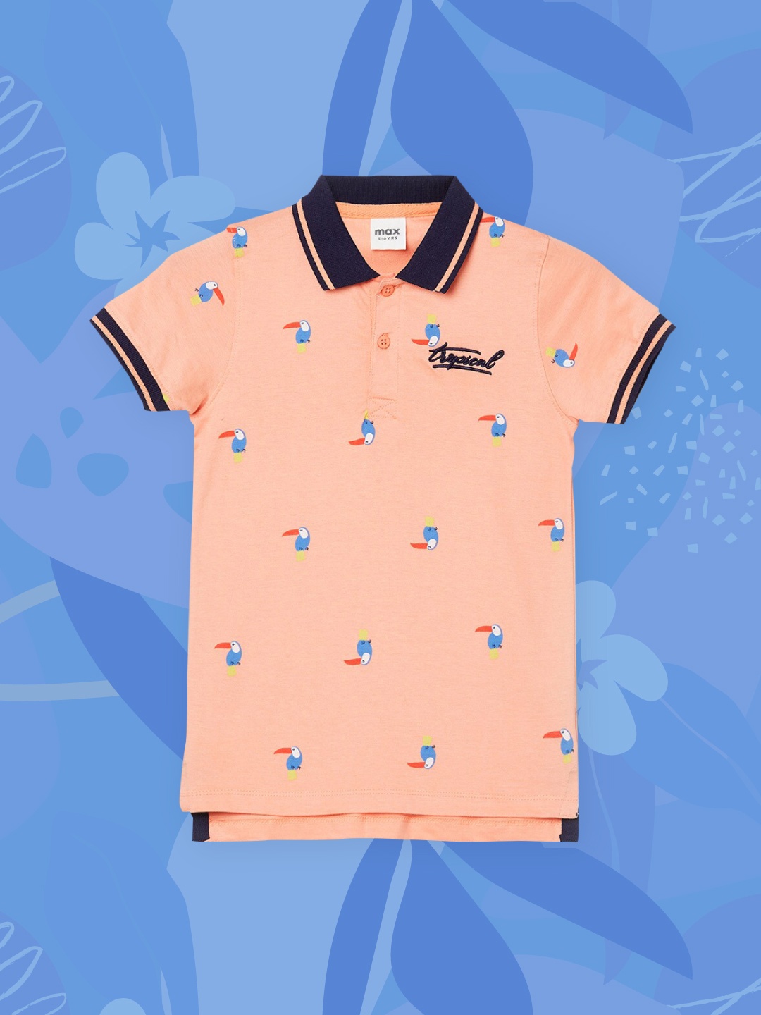

max Boys Peach-Coloured & Blue Printed Polo Collar Pure Cotton T-shirt