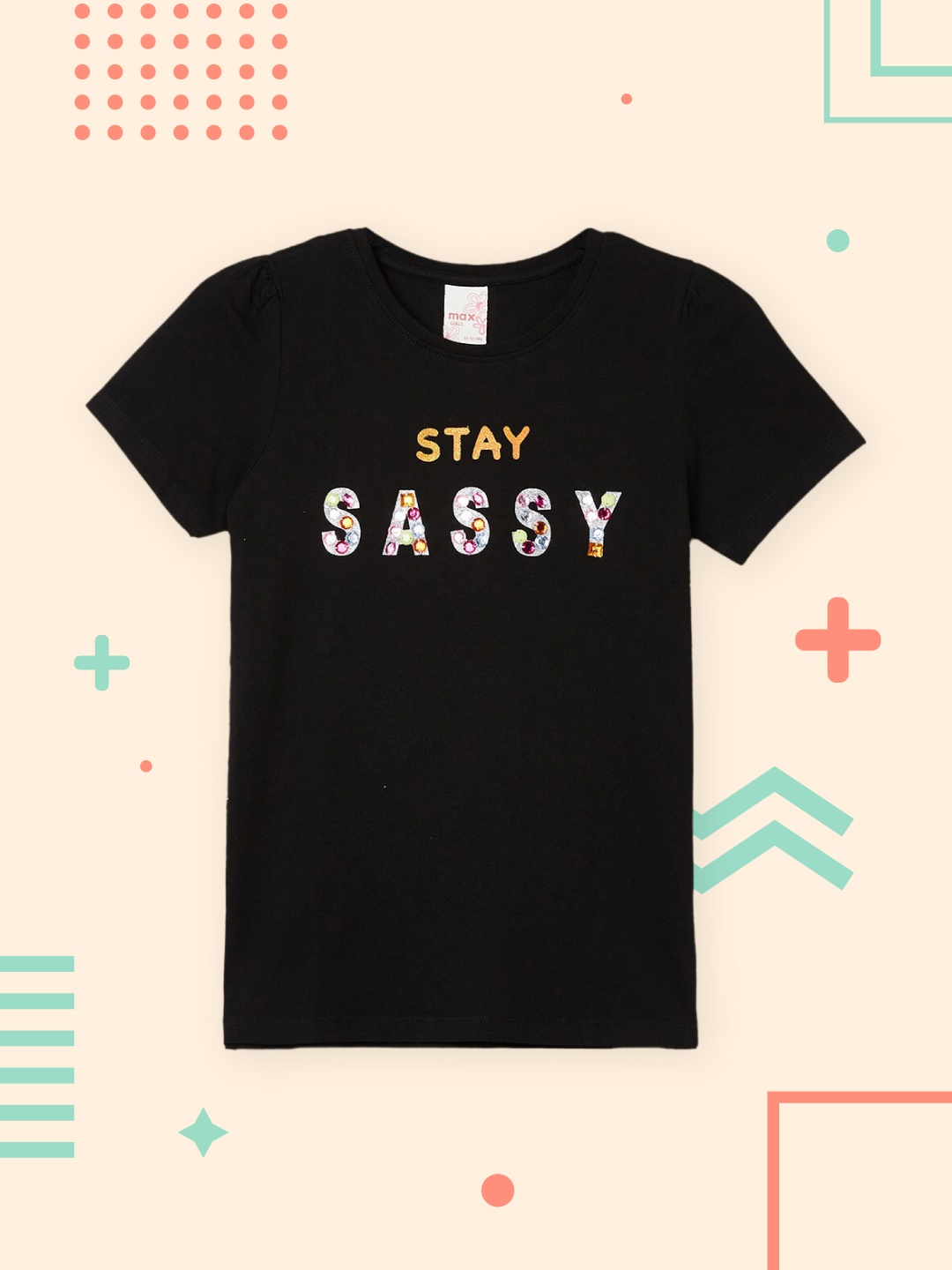 max Girls Black Typography Printed T-shirt