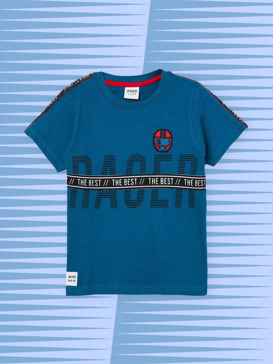 

max Boys Blue & Black Typography Printed Applique Pure Cotton T-shirt
