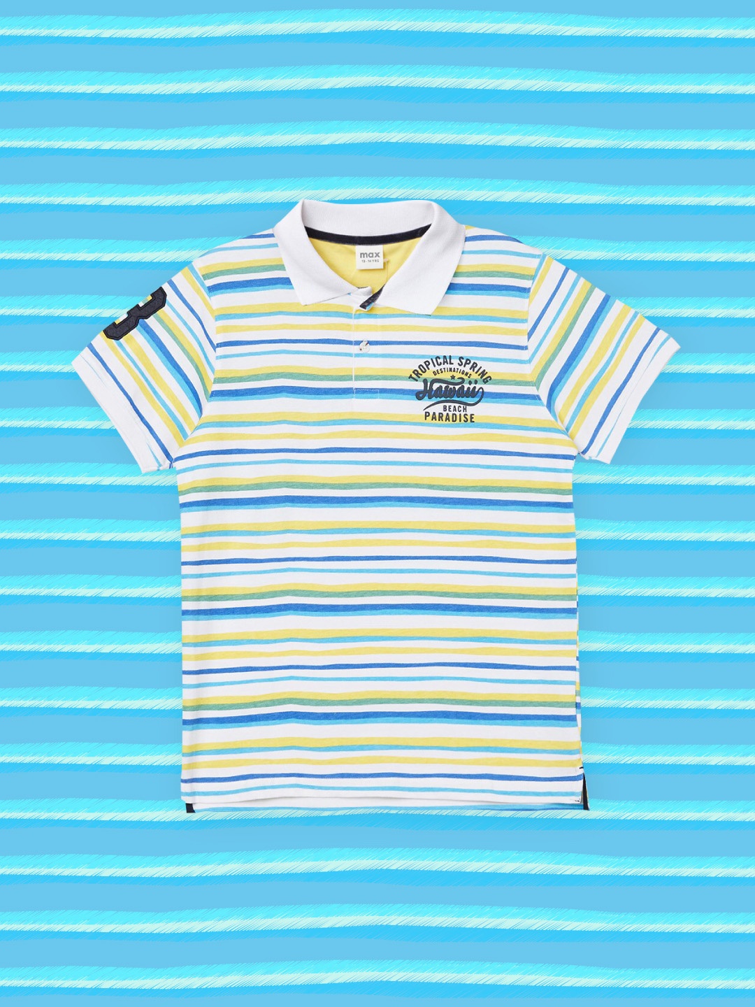 

max Boys White & Blue Striped Polo Collar Applique Pure Cotton T-shirt