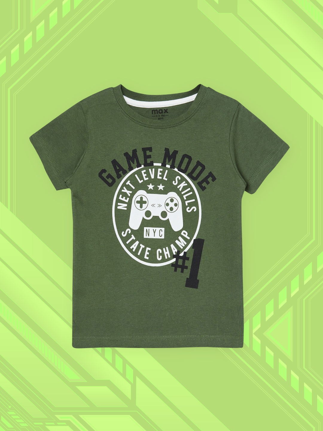

max Boys Olive Green & White Printed Pure Cotton T-shirt