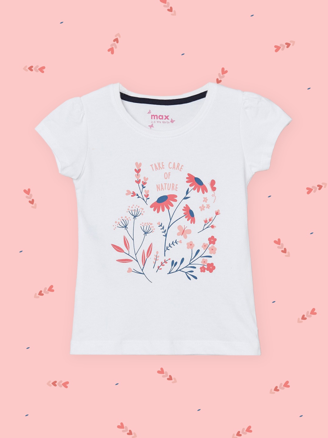 

max Girls White & Pink Printed Pure Cotton T-shirt